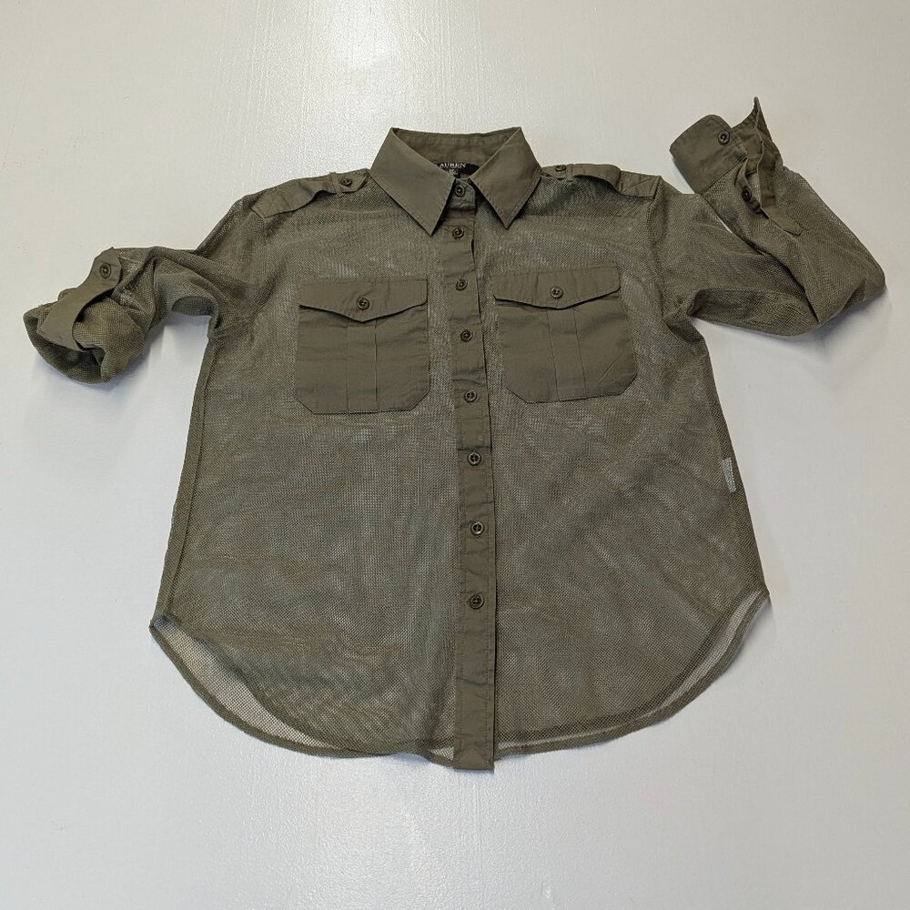 Ralph Lauren Size Small Army Green Sheer Netted Button Down Blouse - Picture 10 of 12